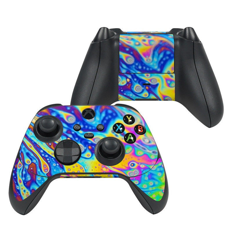 Xbox Series X controller skin with vivid blue and pink abstract swirl pattern, full face