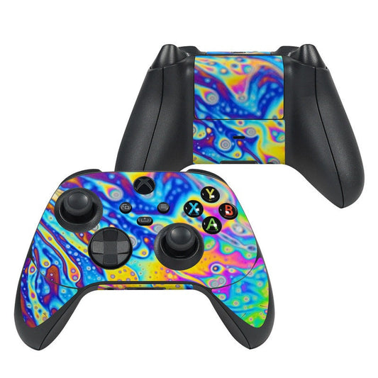 Xbox Series X controller skin with vivid blue and pink abstract swirl pattern, full face
