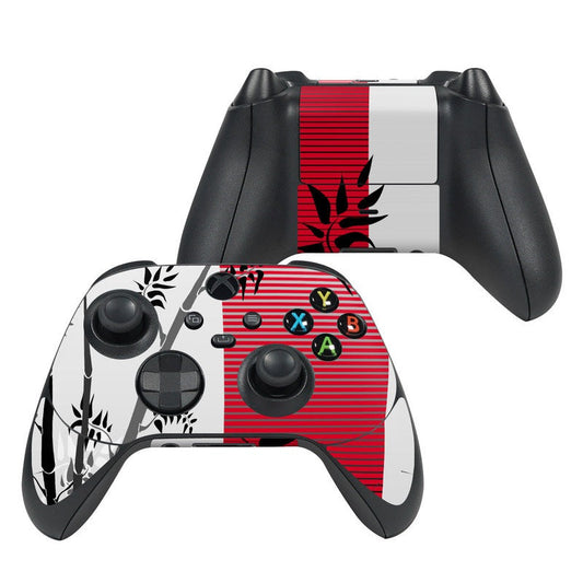 Xbox controller skin with red striped and black flame design, button and thumbstick cutouts