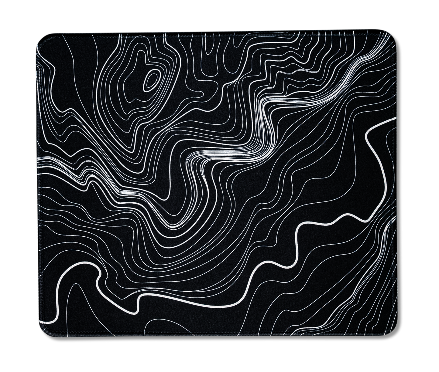 Black desk mat with white topographic line pattern, rounded corners on black background