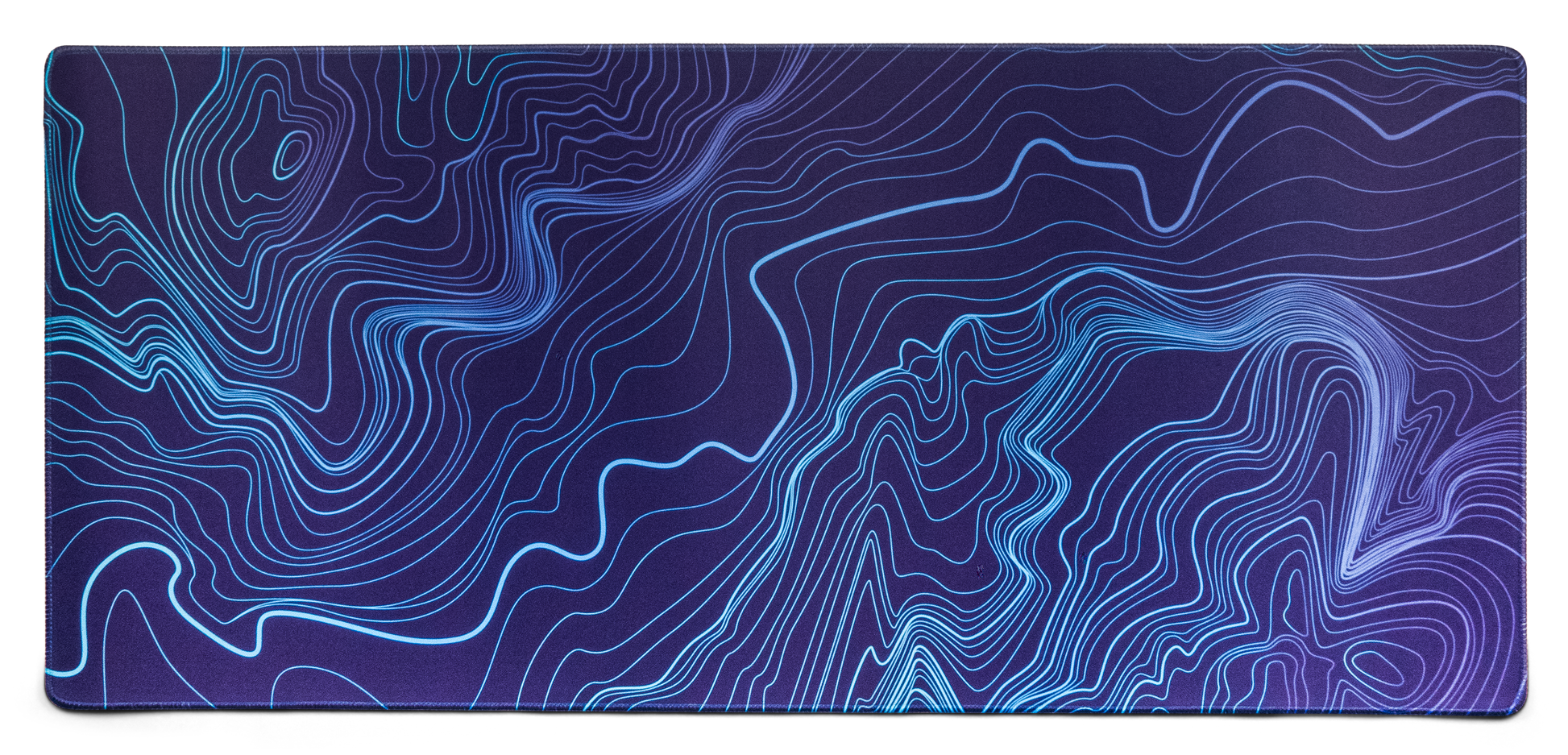 Purple-blue desk mat with blue topographic contour line pattern and rounded edges