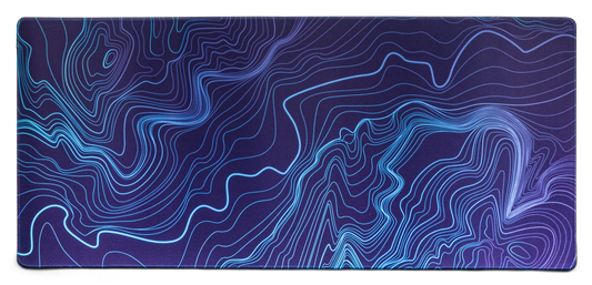 Purple-blue desk mat with blue topographic contour line pattern and rounded edges