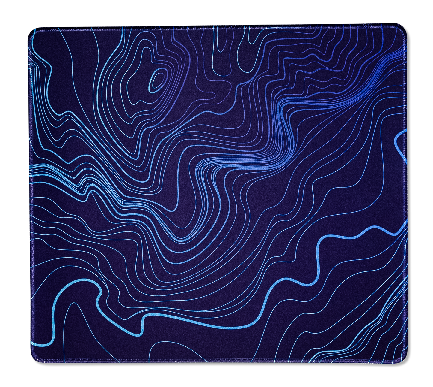 Purple-blue desk mat with blue topographic line pattern, full square view