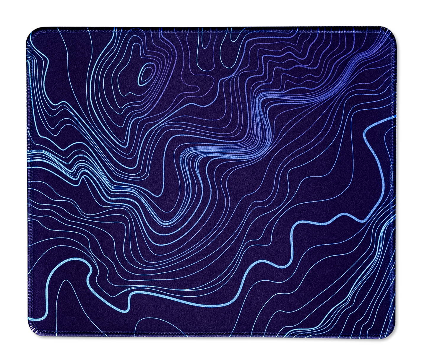 Purple-blue desk mat with blue topographic line pattern, rounded corners
